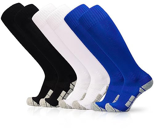 ELUTONG Fußballsocken Kinder, 3 Paar Unisex Fußballstutzen Trainingssocken Elastische Sportsocken, Bequem und Atmungsaktiv Sockenstutzen für Fußball Laufen Basketball 38-42(schwarz + weiß + blau)