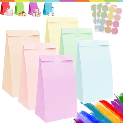 30Pcs Pastel Paper Party Bags for Kids,Adult,Macaron Small Easter Party Favour Gifts Sweets Bag Kids Birthday Bags,Flat Bottom Kraft Paper Bag with 36 Stickers for Presents,Xmas,Wedding,Hen