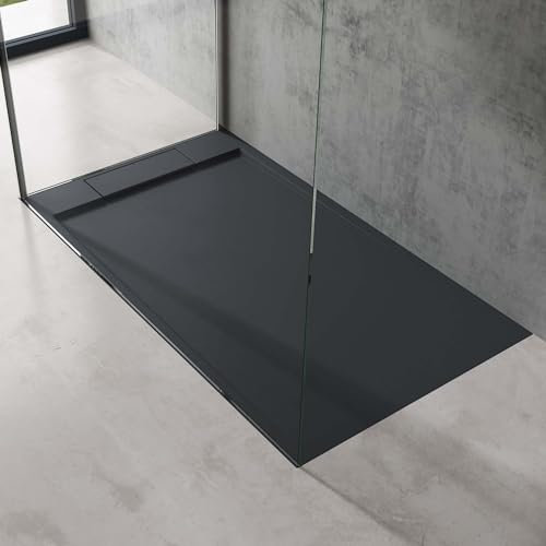 doporro Plato de Ducha 80x140x4cm Antracita Rectangular con Desagüe AL02 Conexiones DIN apto para Instalación a Nivel del Suelo Geoma04A