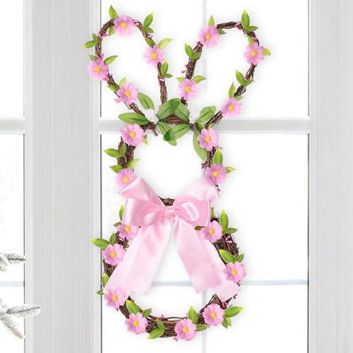 Timiyou Türkranz Ostern, Osterhase Kranz mit Schleifen, 43 cm Höhe Weidenkranz, Osterkranz Haustür für Fensterdeko, Wanddeko, Frühling Ostern Deko,Türkranz Hase für Osterdeko
