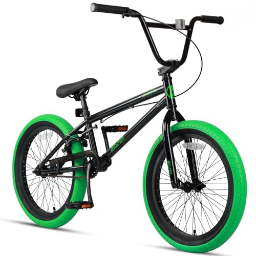 AVASTA Hesper Vélo BMX Freestyle de 20 Pouces pour Enfants de 6, 7, 8, 9, 10, 11, 12, 13, 14 Ans, garçons et débutants, Noir avec pneus Verts