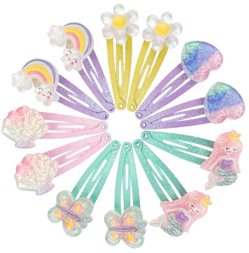 Haarspangen Kinder Mehrfarbig, Haarspangen Mädchen Glitzer, 6 Paare/12 Pack Meerjungfrau Schmetterling Regenbogen Blumen Haarschmuck, Süße Haarklammer Klein für Geburtstagsfeier Geschenk