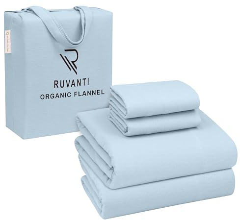 RUVANTI Flannel Sheets Queen Size - GOTS Certified 100% Organic Cotton, 4 Piece Warm, Soft & Breathable Set, Deep Pocket Snug Fit, Double Brushed Cozy All Season Bedding, Baby Blue