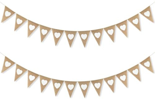 Capaneus Wimpelkette Hochzeit, Vintage Herz Girlande 2 Stück, Wimpelgirlande Banner Jute mit Motiv Herz für Hochzeit, Polterabend, Geburtstag, Gartenparty Deko