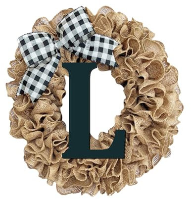 Ghirlanda di fiocchi in tela di iuta, lettere in metallo, nome di famiglia, tutto l'anno, tenda da porta, decorazione da appendere, moderna corona di eucalipto (E, taglia unica)
