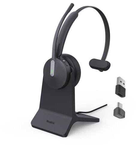 Yealink BH70 mit Ständer Bluetooth Headset mit Mikrofon für homeoffice, bis zu 35h Gesprächszeit, Teams Zertifiziert Mono Bluetooth Kopfhörer Kabellos, ≤90min Schnellaufladung, USB C to A