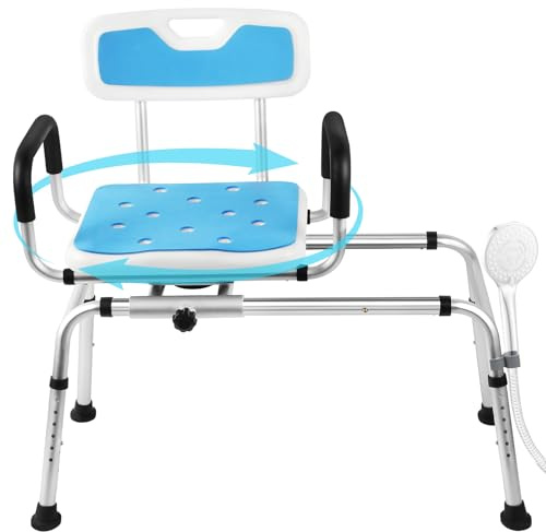 Taburete de ducha giratorio y deslizante 360° para personas mayores, taburete de ducha y banco de transferencia de bañera con asiento giratorio y función deslizante, altura ajustable, reposabrazos