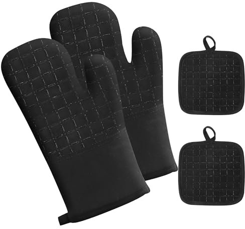 4er Set Ofenhandschuhe, Schwarz Topflappen Handschuh, Ofenhandschuhe Hitzebestaendig, rutschfeste Topfhandschuhe, ideal für Küche,Grillen,Backen,Cooking