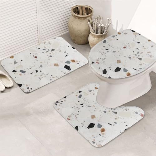 3 Piece Bath Mat Set White Terrazzo U Shape Wc Toilet Rug Cozy Anti Slip Contour Rug Set, For Floor Tub, Bedroom, Outdoor