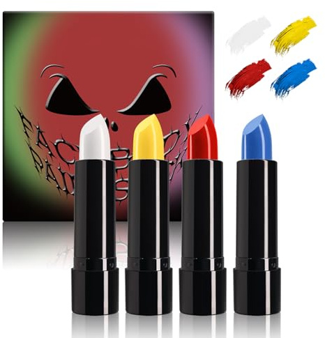 Lot de 4 crayons de maquillage pour le corps - Blanc, jaune, rouge, bleu, crème - Pour maquillage de théâtre, Halloween, carnaval, cosplay, fête