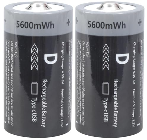 Lot de 2 piles LR20 D rechargeables USB C 1,5 V 5600 mW pour cuisinière, chauffe-eau, accessoires rechargeables, chargement USB