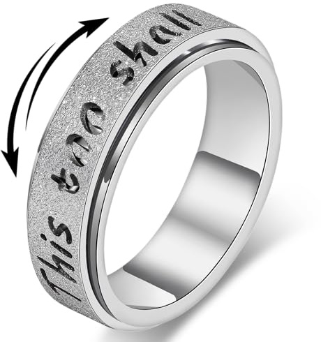 LuckyAmor Fidget Spinner Ring for Women - THIS TOO SHALL PASS Stainless Steel/18K Gold/Silver Anxiety Rotating Inspirational Band Ring for Stress Relief (Silver, 8)