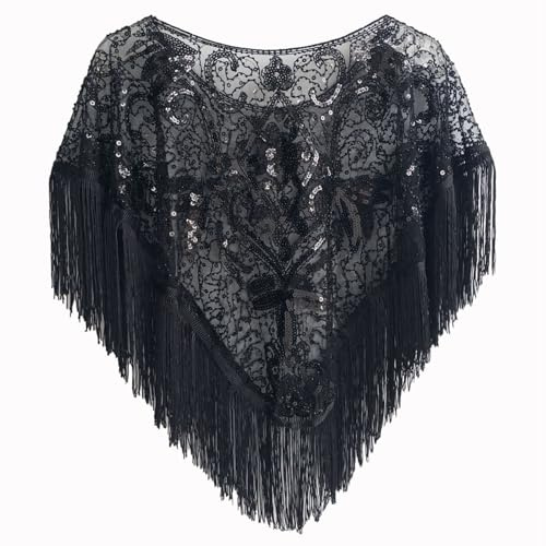 Zanisouta Bufanda para mujer, poncho con flecos, capa de carnaval elegante, vestido de noche, estola corta, estolas festivas, estolas de hombro, bufanda brillante para bodas, O negro., Talla única