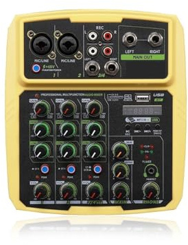 Ljudmixer, 4-kanalers ljudmixergränssnitt Professionell Studioinspelning Ljudkort Mixerkonsol Mikrofon 48V Phantom Power för studiokaraoke(Yellow)