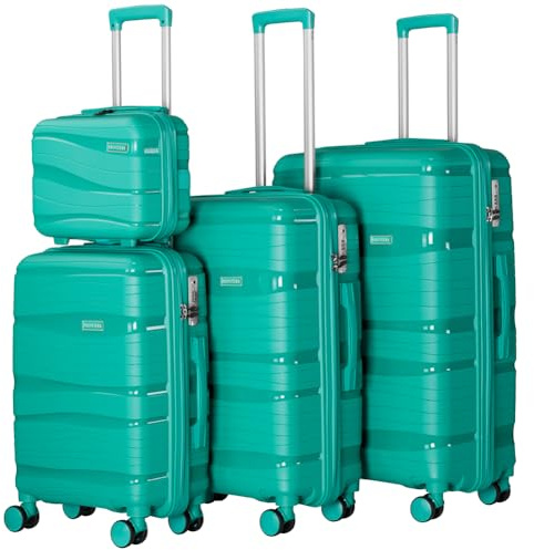 PROVITERA Set 4 Valigie Rigide con Beauty Case in Polipropilene Ultra Resistente agli Urti, Trolley Manico Telescopico e Ruote Easy Roll, Serratura Codice Rinforzata e Design Moderno (Verde)