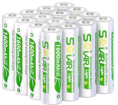 16 Pack AA Rechargeable Batteries for Solar Lights | 1600mAh 1.2V NiMH | Precharged | Low Self-Discharge | Reusable for Garden, Pathway, Patio, Deck, Fence & String Lights