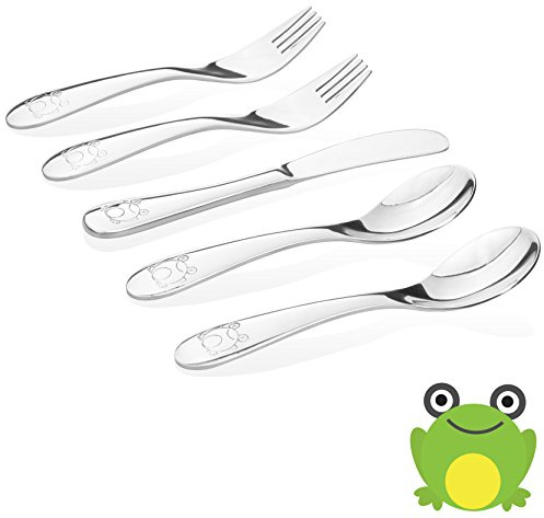 Kids Stainless Steel Utensil Set | Premium #304 (18/8) | Adorable Frog Design | 5-piece Set: 2 Spoons, 2 Forks, & 1 Butter Knife | Safe & Durable for Toddlers and Children | by Kiddobloom