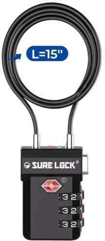 SURE LOCK 3 Digit TSA Approved Luggage Locks (Black 1 15-Inch Long Cable)