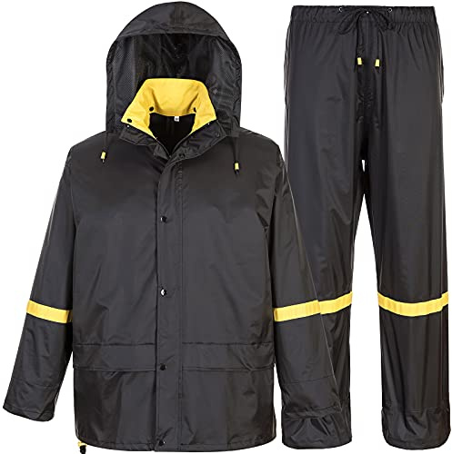 EI Sonador Classic Rain Suits for Men Breathable Rain Gear for Waterproof Work, Hooded Coats Jacket and Pants (Black & Yellow, L)