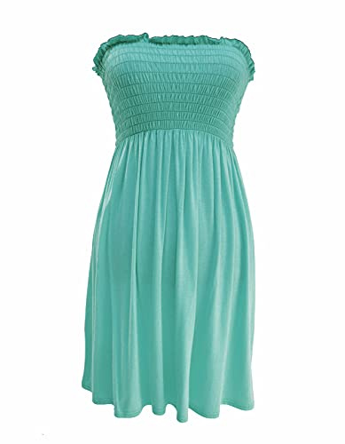 STAR FASHION Women’s Strapless Sheering Ruched Bandeau Dress Plain Boob Tube Sleeveless Midi Dress Summer Holiday Beach Flared Dress Soft Stretch Mint 12-14