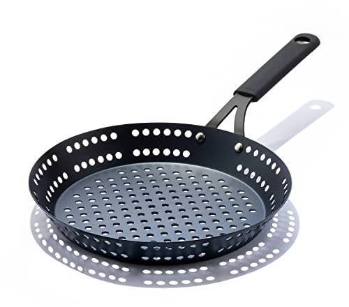 OXO Obsidian Pre-Seasoned Carbon Steel, 12 Frying Pan Skillet with Holes for Grilling with Removable Silicone Handle Holder, Induction, Oven Safe, Black