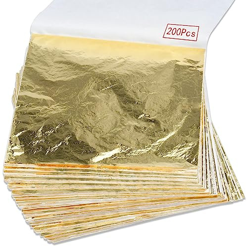 200Pcs Gold Leaf Sheets Gold Foil Sheets for Gilding Crafting, Art & DIY Projects, Picture Frames, Home Walls, Interior and Multi Artistic Decoration, Imitation Gold Foil Sheets 5.5 x 5.5