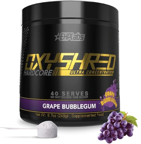 EHP Labs OxyShred Hardcore Super Dosed Pre Workout Powder - Preworkout Powder with L Glutamine & Acetyl L Carnitine, Energy Boost Drink - Grape Bubblegum, 40 Servings