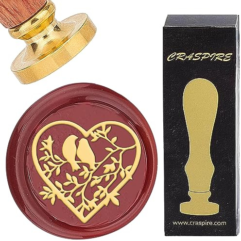CRASPIRE Heart Wax Seal Stamp 25mm Removable Brass Head Vintage Love Heart Bird Sealing Wax Stamp with Wooden Handle for Wedding Valentine's Day Christmas Envelopes Invitations Gift Cards Decoration