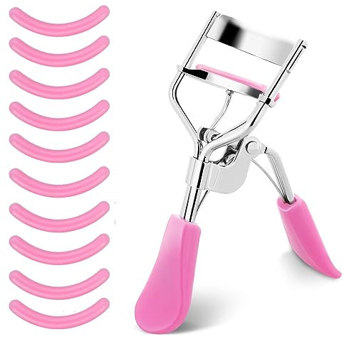 Lash Curler, No Pinching or Pulling, Long Lasting Eyelash Curler Fit All Eye Shapes, Professional Makeup Tool for Eyelashes with 10 Pieces Silicone Refill Pads (Pink)