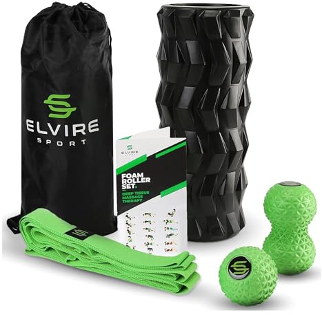 Elvire Foam Roller Set 5-in-1 Deep Tissue Massage Roller, Peanut Ball, Stretching Equipment Band, Relieves Pain: Back, Foot, Legs, Neck, Exercise Yoga & Physio