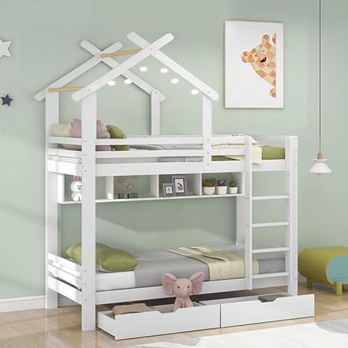 Moimhear Letto a castello con cassetti e ripiani, Letto per bambini con protezione anticaduta e griglia, Struttura in legno di pino, Bianco (90x200 cm)