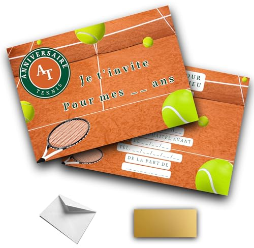RXLITE kit PREMIUM ludique et participatif Invitations Anniversaire Thème Tennis : Lot de 10 Cartes à Gratter avec Stickers, Enveloppes Blanches et Autocollants Dorés pour une Fête Sportive