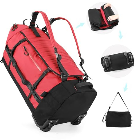 Vomgomfom 86L Faltbare Reisetasche auf Rädern, Wasserdichter Rollrucksack mit Gestepptem Boden, Rot