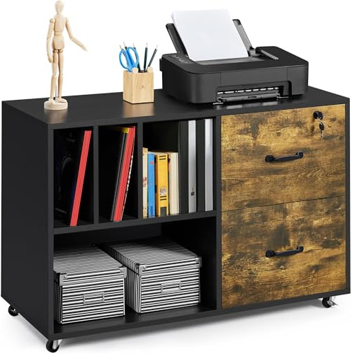 Yaheetech File Cabinets Large Rolling Filing Cabinet on Wheels Mobile Printer Stand with 4 Open Storage Shelves for Home Office, Letter Size A4 Size, Black/Rustic Brown