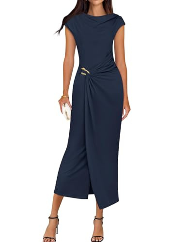 ZESICA Women's 2026 Summer Cap Sleeve Casual Bodycon Dress Elegant Wedding Guest Cocktail Party Long Midi Dresses,Navy,Medium
