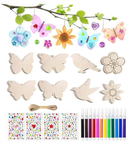 GIDWRIY 57 pezzi Kit Lavoretti Creativi per Bambini Legno,Artigianato in Legno da Colorare per Decorazioni,Ciondolo in Legni da Dipingere,Bricolage Creativo Fai Da Te Bambini Lavoretti per Compleanno
