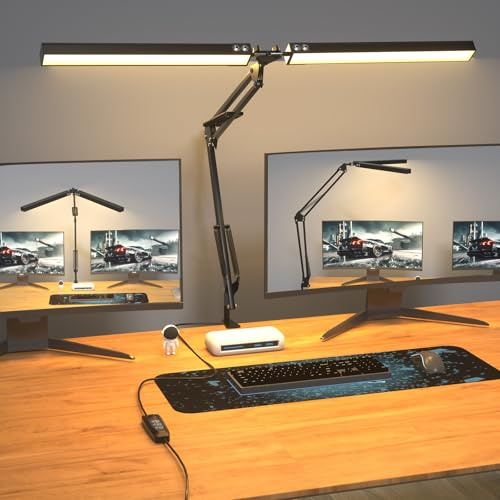 Lamptobe Doppelkopf Schreibtischlampe LED Klemmbar, Klemmlampe mit Stecker, 20W 2000 LM Schreibtisch Lampe Dimmbar, Augenschutz Tischlampe für Büro, Lesen, Malen, 3 Farben x 11 Helligkeiten