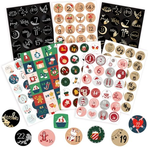 Adventskalenderklistermärken, 8 x 24 klistermärken adventskalendernummer för gör-det-själv-present och juldekoration (siffror 1–24)