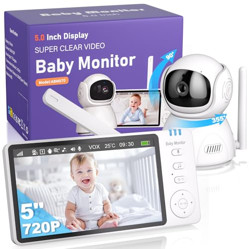 BURNNOVE Baby Monitor Video e Audio, 5 Pollici Baby Monitor con Videocamera 720P Visione Notturna VOX 2 Vie Audio Controllo Remoto PTZ 355° Monitor Temperatura, Senza Wi-Fi