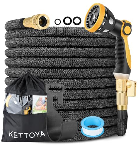 KETTOYA Manguera de jardín expandible de 50 pies, manguera flexible con boquilla de pulverización de metal de 10 patrones, manguera de agua retráctil a prueba de fugas, duradera 3750D Plus, núcleo de