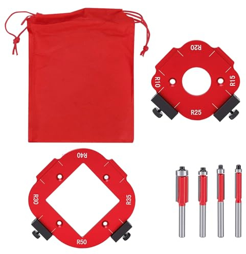 Yosoo Health Gear Gabarit de Rayon D'angle Rond R10-50, Huit Tailles de Rayon, Blocs Latéraux Réglables, Sac de Rangement, 4 Fraises, Alliage D'aluminium, pour les Projets de Menuiserie de Coupe