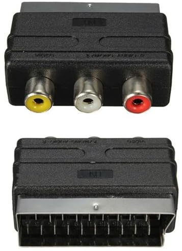RGB SCART hane till 3 RCA hona AV-adapter – ljudvideoomvandlare för spelkonsoler, TV, DVD, VCR – icke-OEM-ersättningsdel – 18 cm kabel – svart