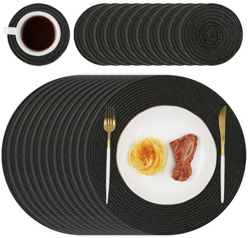 Homcomodar Round Placemats and Coasters Set of 12 Braided Woven Table Mats Washable Heat Resistant Place Mats for Tables Blue Placemats for Home Kitchen, Dining Table, Outdoor,34cm