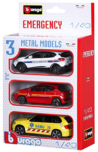 Bburago - Véhicules des Urgences Françaises - Miniatures à l'échelle 1:43 - Pack de 3 Véhicules - Police Municipale, Sapeurs Pompiers de Paris, SAMU - 30009