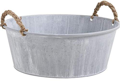 AUBRY GASPARD BASSINE en Zinc Corbeille, Sceau, Pot en Zinc + Anses en Corde - Bassine Ancienne en Metal Zinc Design Décoration Extérieure Jardin