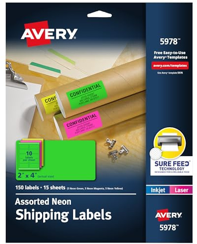 Avery Printable Shipping Labels with Sure Feed, 2 x 4, Assorted Neon Colors (Magenta, Green, Yellow), Laser & Inkjet Compatible, 150 Blank Labels Total (5978)