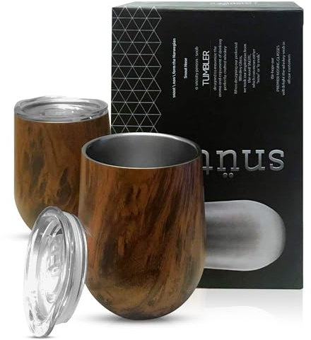 Snute Double-Wall Insulated Whiskey Glass - 12 oz Stemless Nosing Stainless Steel Whisky Glass - Gift for Bourbon and Whisky Lovers (Walnut - Pack of 2)