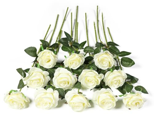 Kisflower 12 Pezzi Rose Fiori Artificiali Realistici Fiori a Stelo Singolo Bouquet di Rose di Seta per Decorazioni per la Casa di Nozze (bianco)