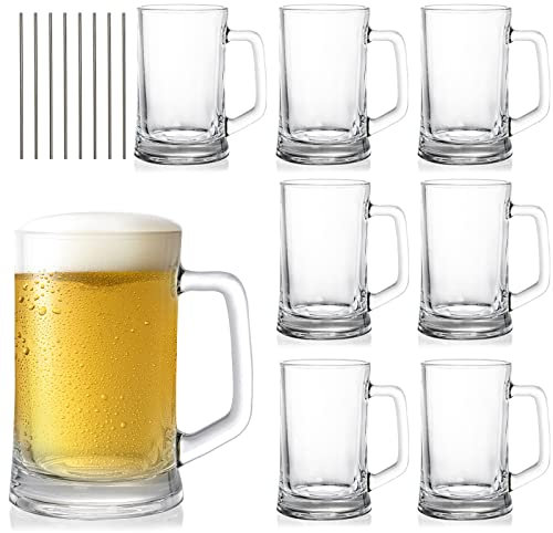 SOUJOY 8 Pack Glass Beer Mug, 360ml Beer Glasses Stein with Handle and Straw, Clear Lead-Free Freezer Beer Cup Heavy Drinking Glass for Beer, Milk, Juice, Bar, Beverages