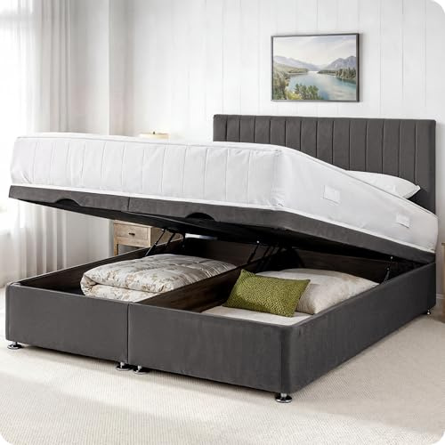 Comfy Deluxe LTD Apollo Ottoman Bed Base - 5FT King Size, Grey | Plush Velvet Divan Storage Bed Frame with 26 Inch Headboard | Gas Lift Foot-End Opening | No Mattress Included | UK Made